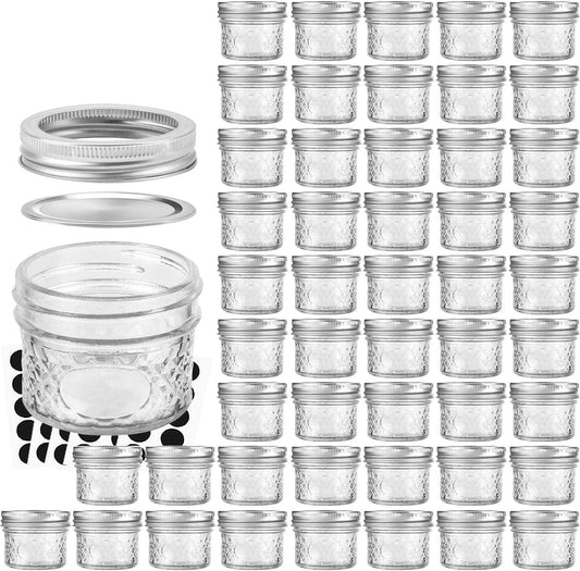 VERONES Mason Jars Canning Jars, 4 OZ Jelly Jars With Regular Lids and Bands, Ideal for Jam, Honey, Wedding Favors, Shower Favors, DIY Spice Jars, 50 PACK