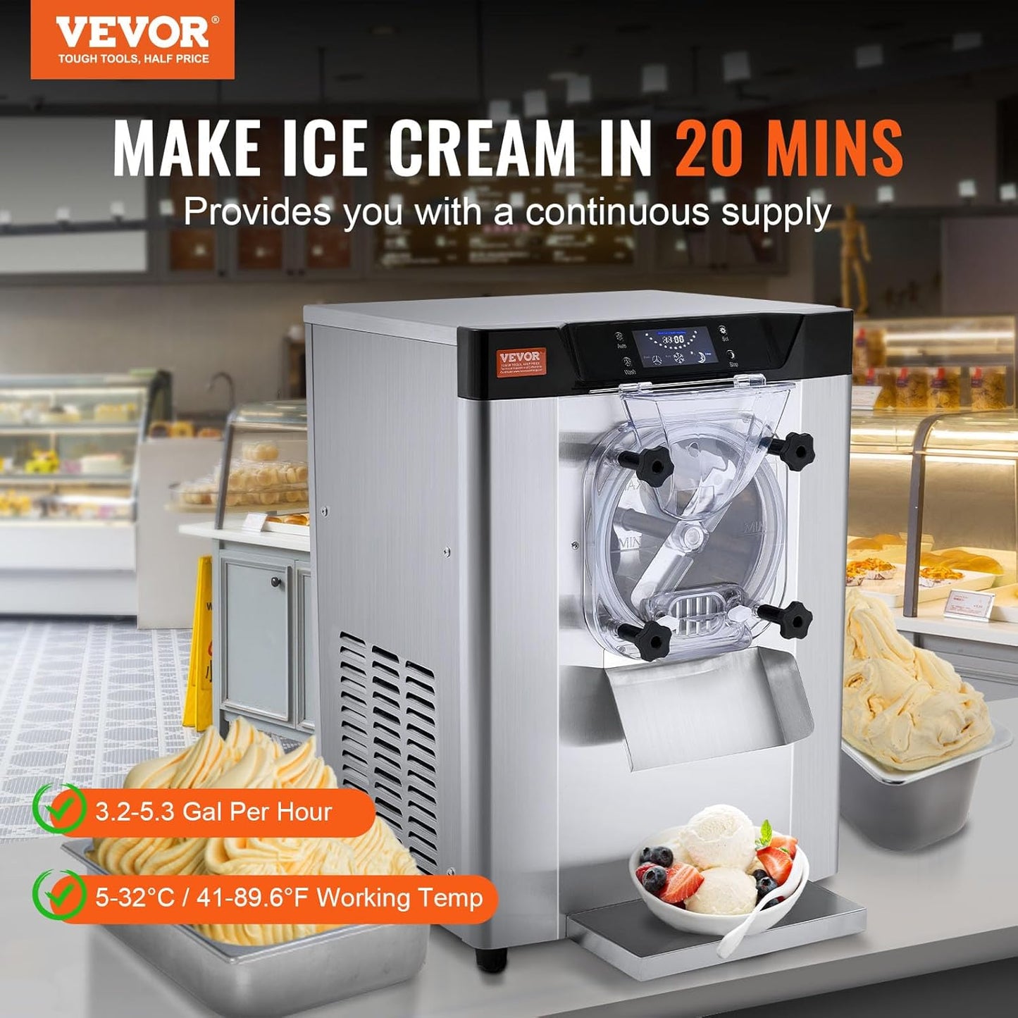VEVOR Commercial Ice Cream Machine, 12 L/H Yield, 1713W Single Flavor Countertop Hard Serve Ice Cream Maker, 4.5L Stainless Steel Cylinder, LED Panel Auto Clean Pre-cooling, for Restaurant Snack Bars