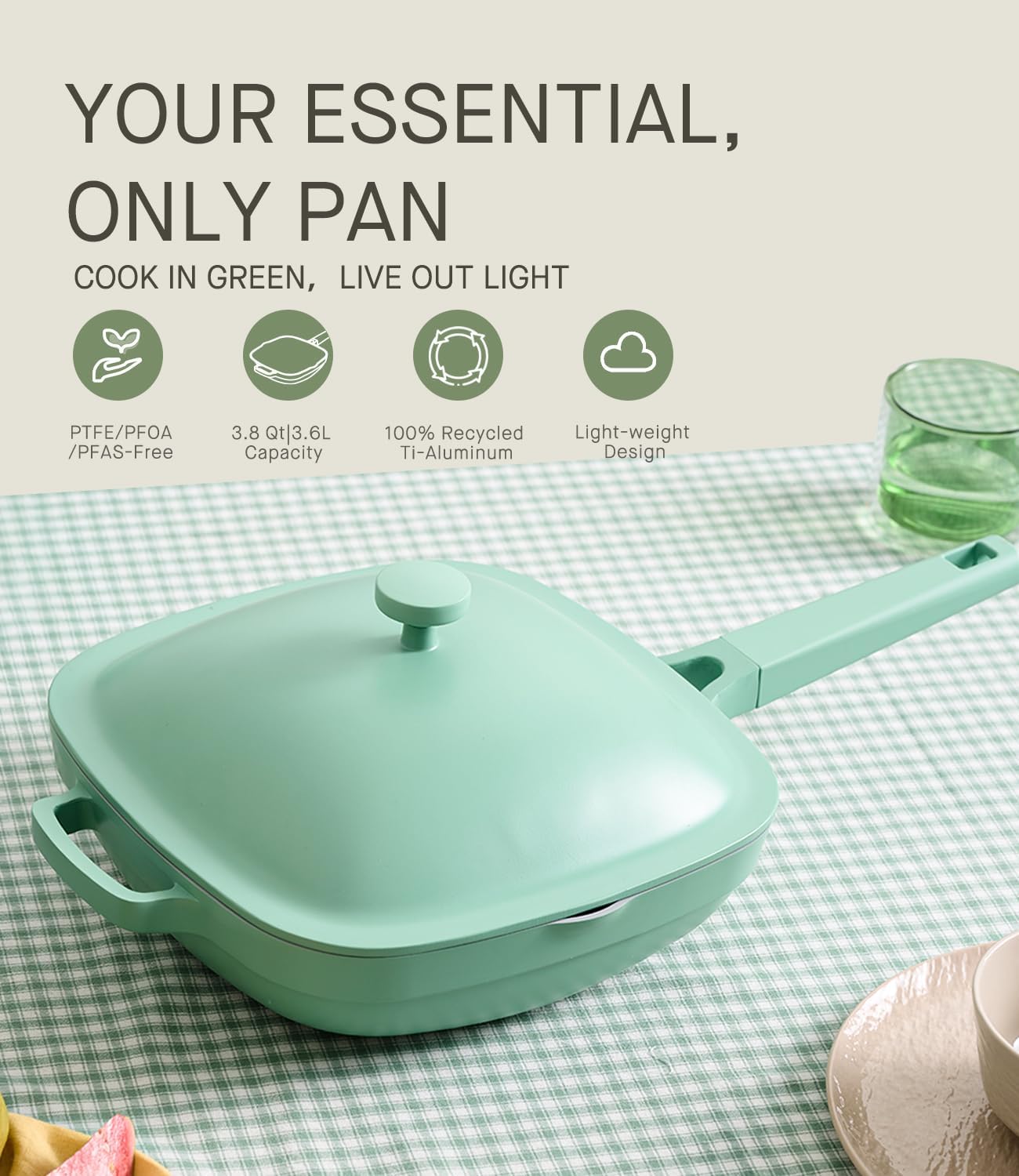 10.5 Inch(3.8QT) Deep Frying Pan,Non Stick Frying Pans Cast Aluminum,Ti-Ceramic Non Toxic Pix Pan with Lid,Natural Wooden Spatula and Loofah Scrubber-Mint Haze