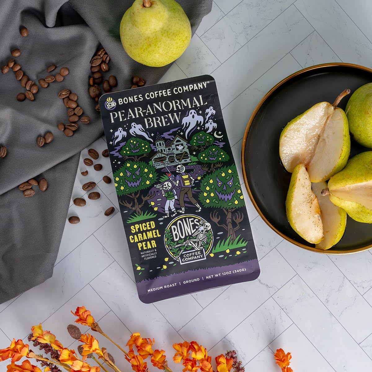 Bones Coffee Company Pear-Anormal, Caramel and Spiced Pear Flavored Coffee, Medium Roast Low Acid Arabica Beans Compatible with Auto drip and French Press Coffee Maker, 12 Oz Whole Bean