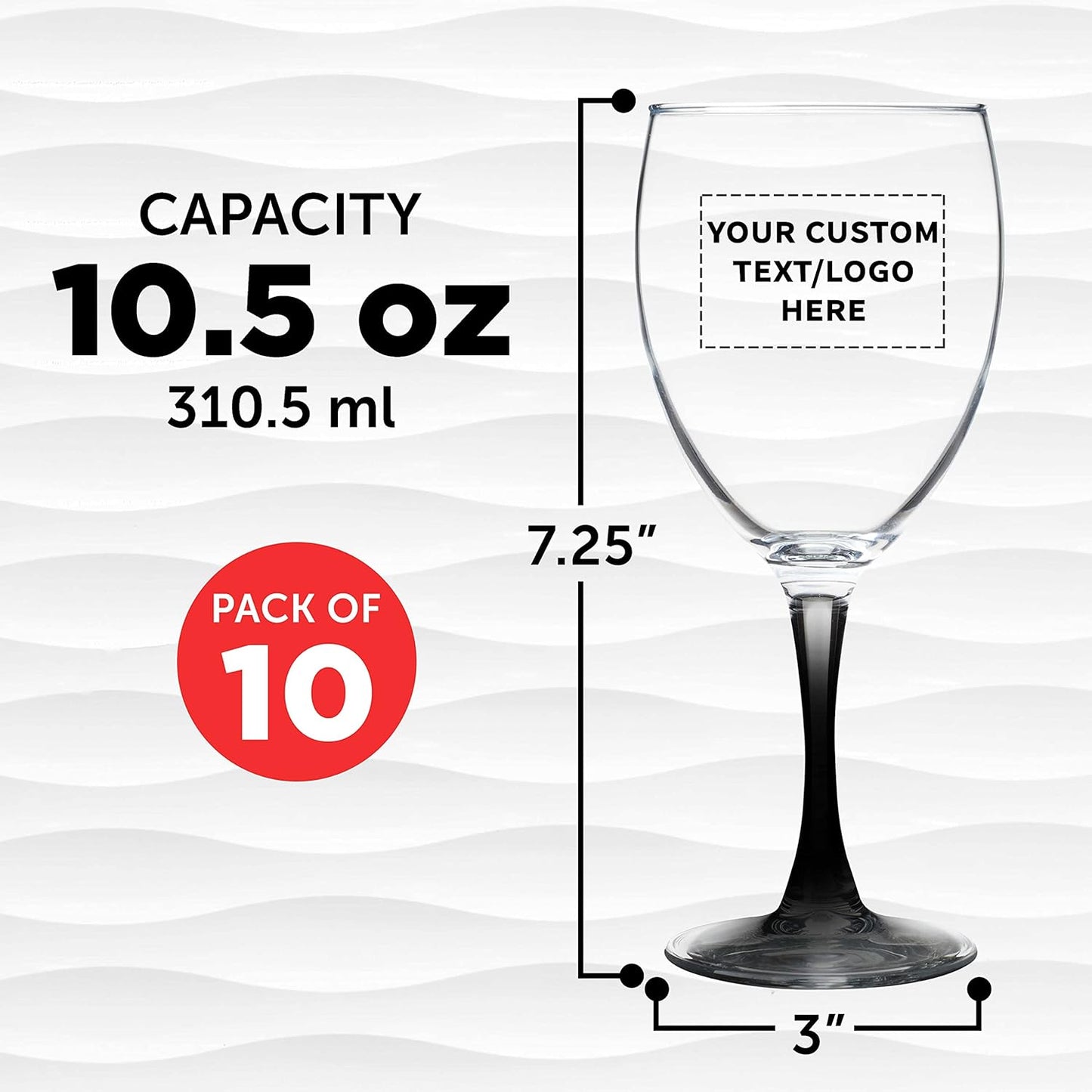 Custom Nuance Wine Glasses by ARC 10.5 oz. Set of 10, Personalized Bulk Pack - Restaurant Glassware, Perfect for Red Wine, White Wine, Cocktails - Black
