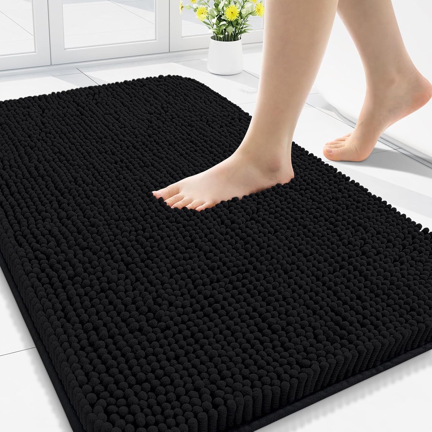 Arotive Bathroom Rugs 30x20, Extra Soft Absorbent Shaggy Chenille Bath Rugs, Machine Washable Rubber Backing Non-Slip Bath Mats for Bathroom Floor Tub and Shower, Home Decor Accessories, Black