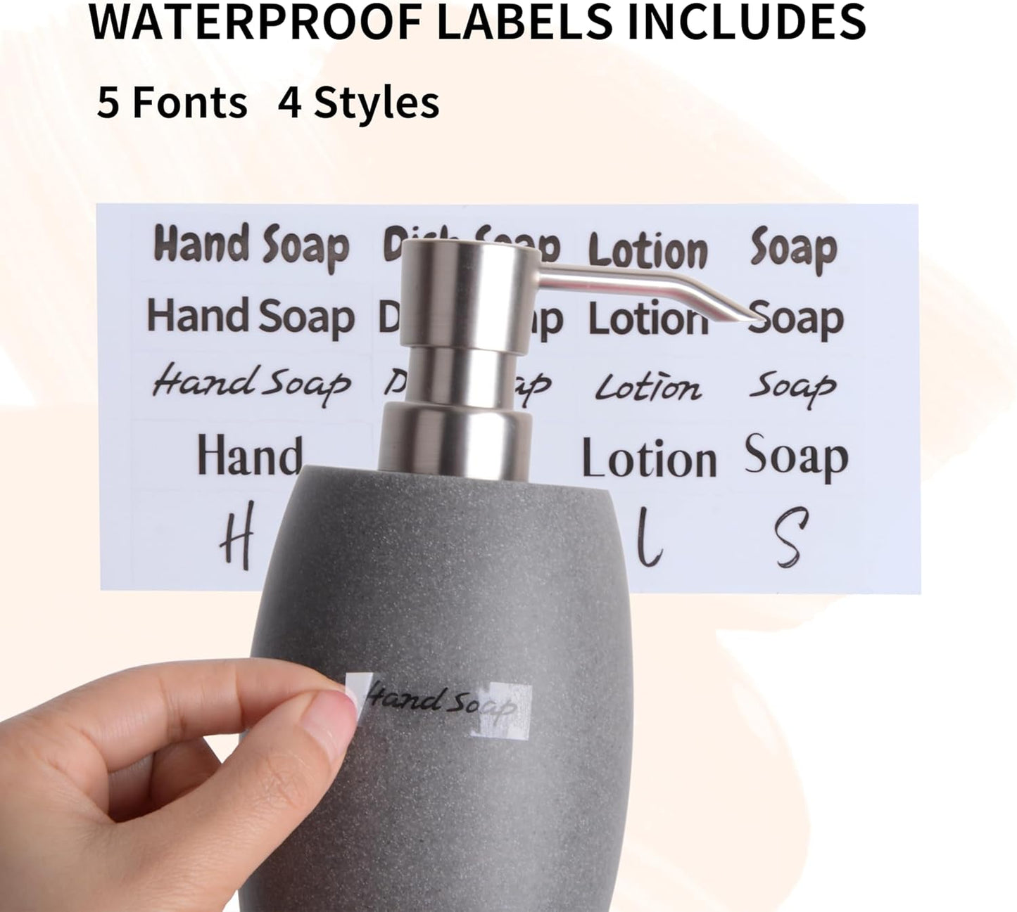 Sandstone Textured Resin Soap Dispenser with Metallic Pump and Waterproof Bottle Labels for Bathroom Kitchen Dish Hand Wash Shower Lotion Shampoo, 12 Oz, Gray
