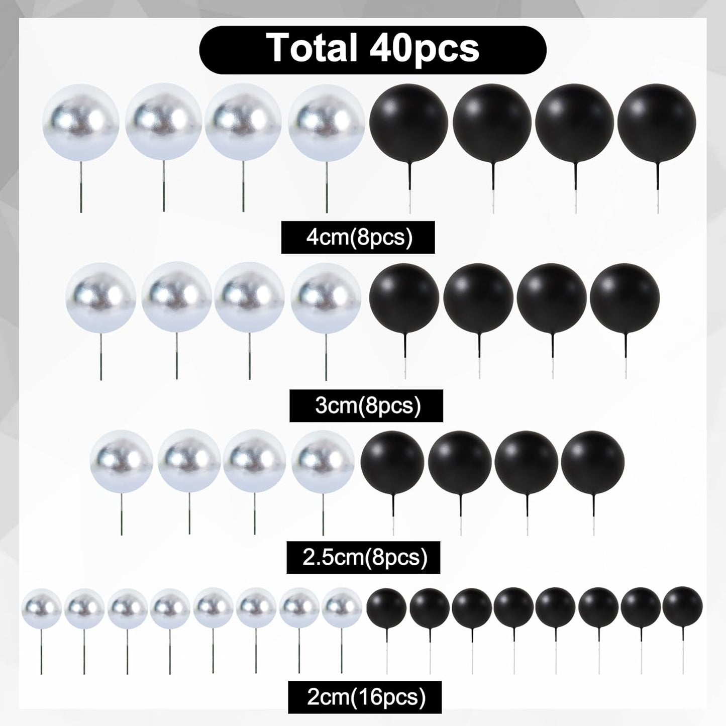 BEISHIDA 40 Pcs Ball Cake Toppers Mini Balls Cake Decorations Black Silver Foam Balls Sticks DIY Cake Topper for Baking Congrats Grade 2025 Graduation Birthday Retirement(Black Silver)