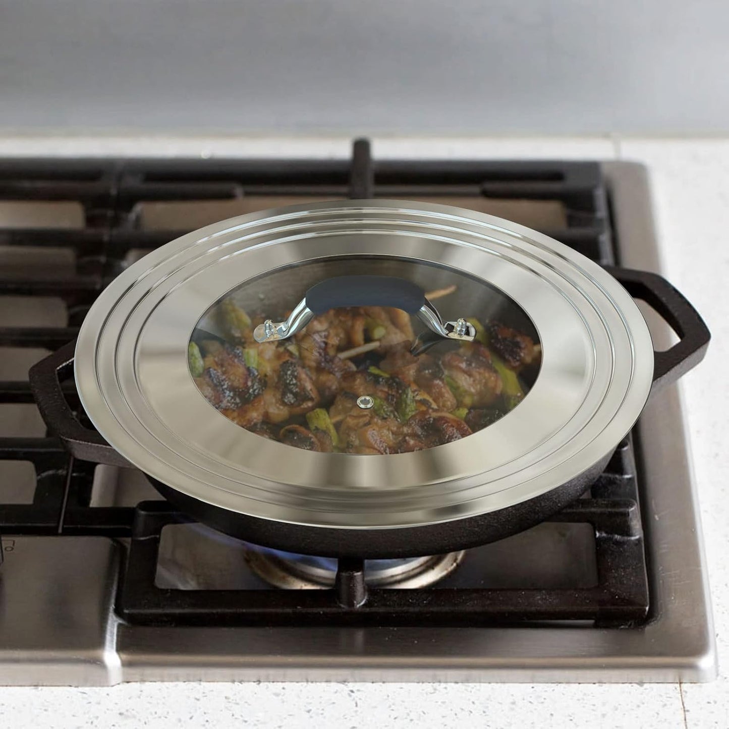 Universal Pans Pots Lid Cover Fit All 8.25 Inch to 12 Inch Pots/Pans/Woks Stainless Steel and Glass Lid with Heat Resistant Knob, Black