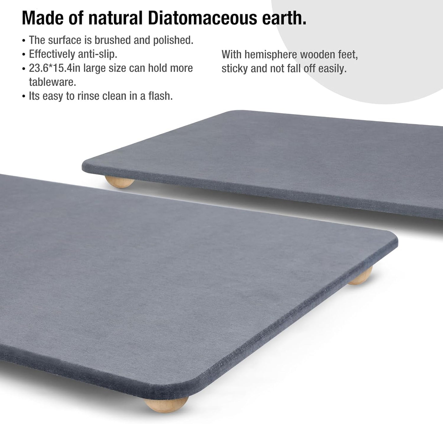 Large Stone Dish Drying Mat for Kitchen Counter, 24"×16" Quick Dry Super Absorbent Eco-Friendly Diatomaceous Earth Stone Mat with hemisphere wooden feet, Non-slip, Heat Resistant, Multi-purpose mats.