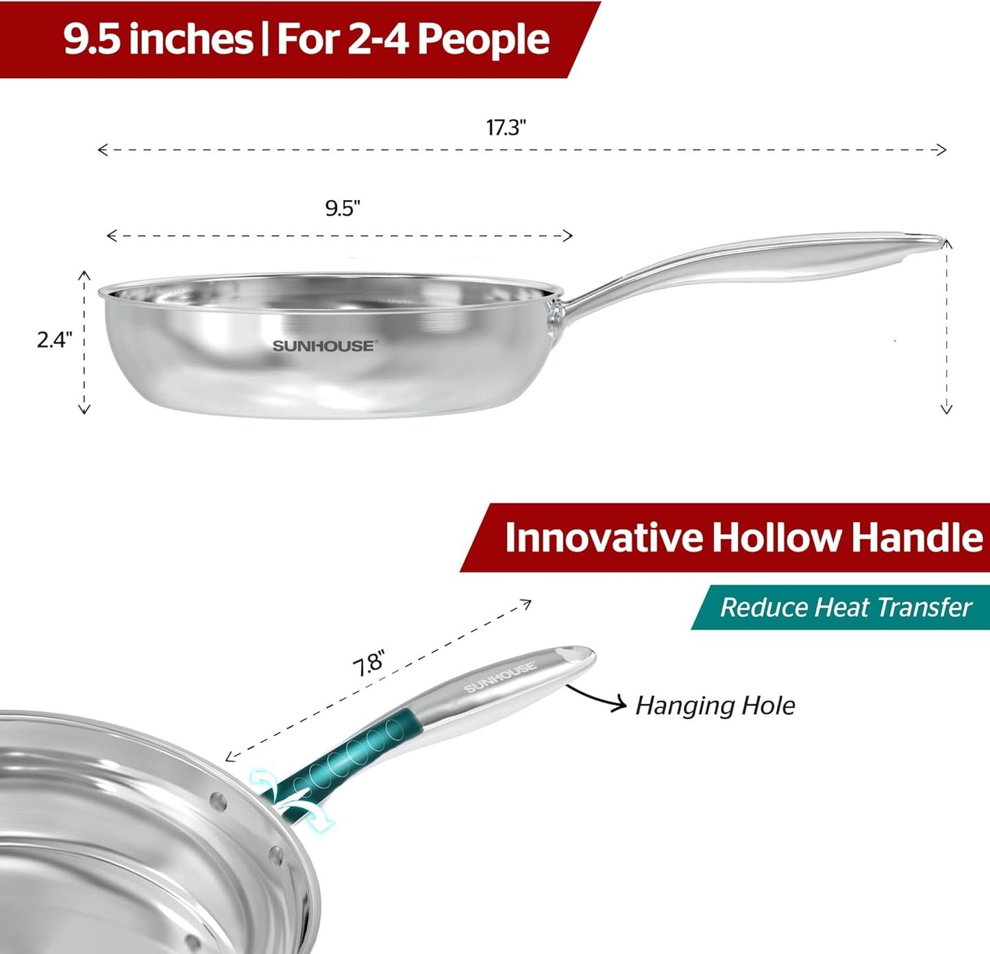 Sunhouse 9.5 Inch 18/10 Chef Series Stainless Steel Frying Pan, Tri-Ply Stainless Steel Construction, PFOA-FREE, Stay-Cool Handle, Induction Compatible