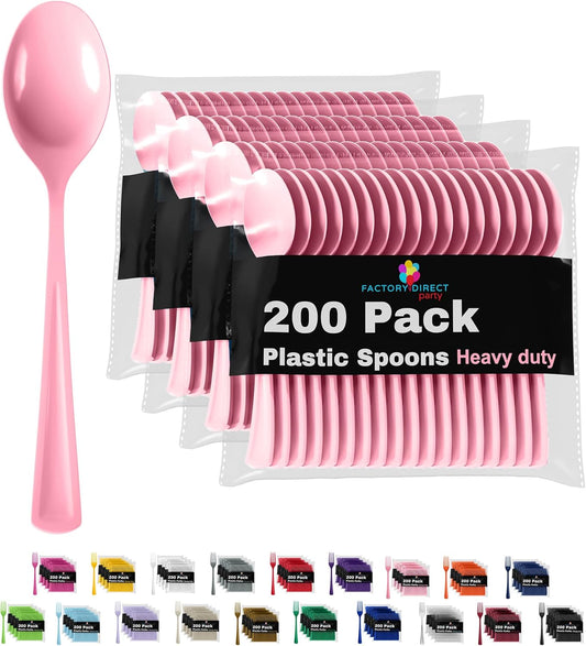 Party Solids Pink Plastic Spoons - 200 Pcs Heavy Duty Disposable Cutlery Set