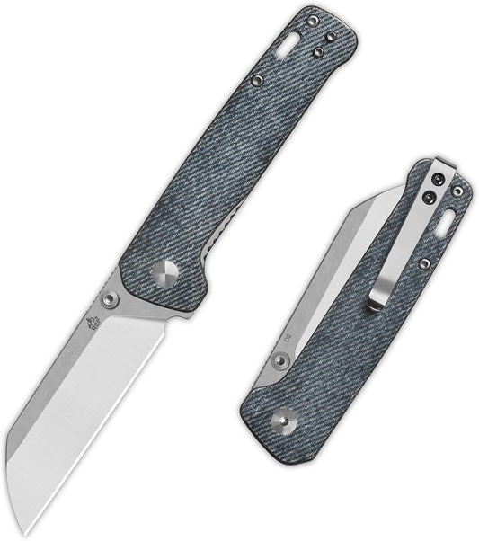 QSP Penguin V2 Folding Pocket Knife, 3.06" D2 Two Tone Finish Stonewash Satin Blade EDC Knife, Denim Micarta Handle, Liner Lock, Ceramic Ball Bearings, Reversible SS Deep Carry Clip