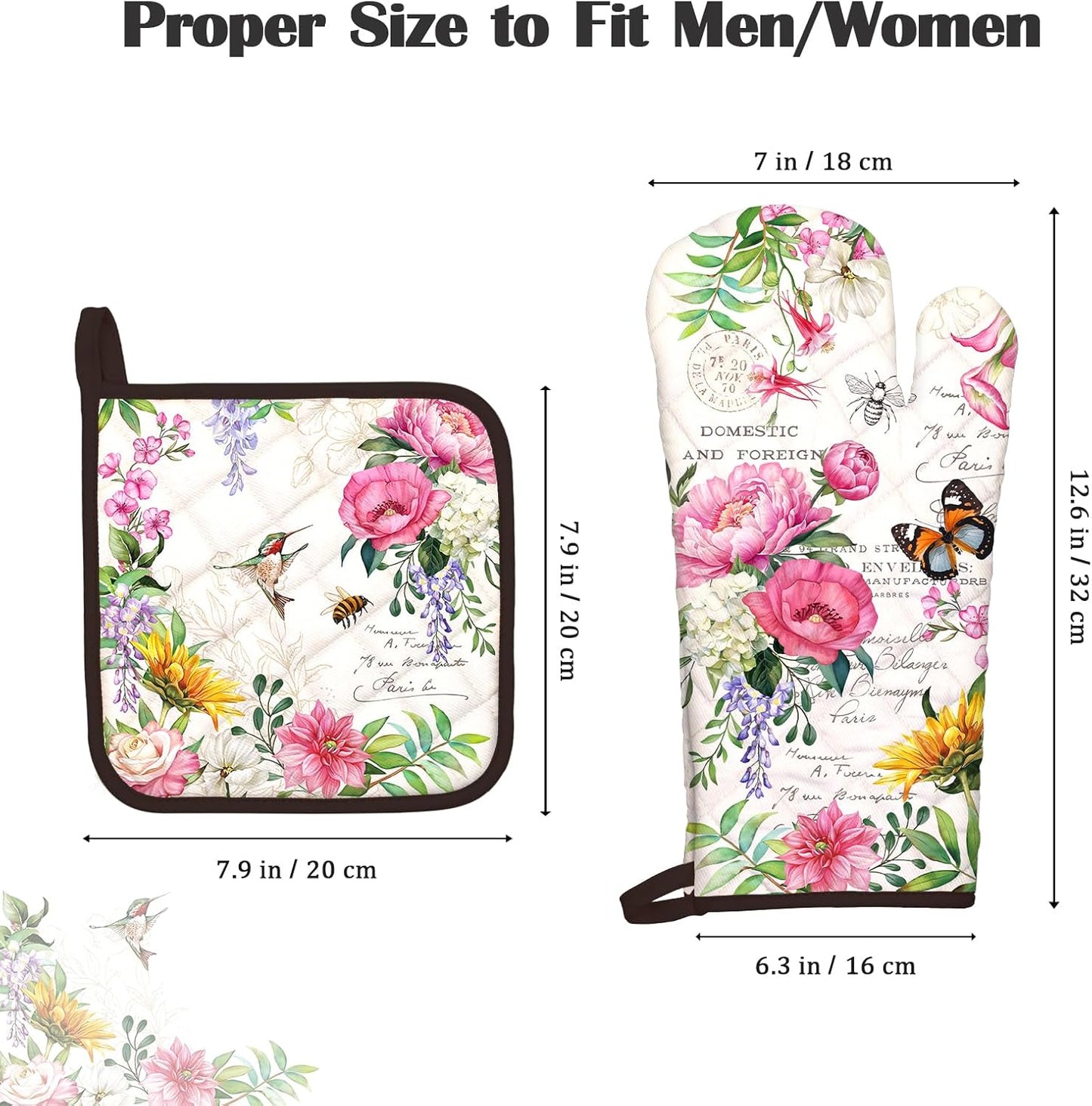 Vintage Flower Oven Mitts and Pot Holders Sets 4Pcs, 100% Cotton Heat Resistant, Extra Long Oven Gloves Potholder for Kitchen Cooking Baking Decoration