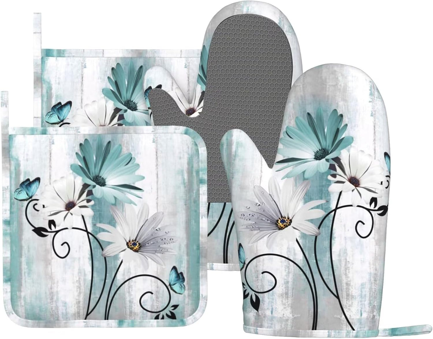 Teal Daisy Oven Mitts Pot Holders Set Silicone Heat Resistant Farm Teal Daisy Floral Flowers and Butterfly Oven Mitts and Hot Pads Potholders Non-Slip Oven Gloves for BBQ