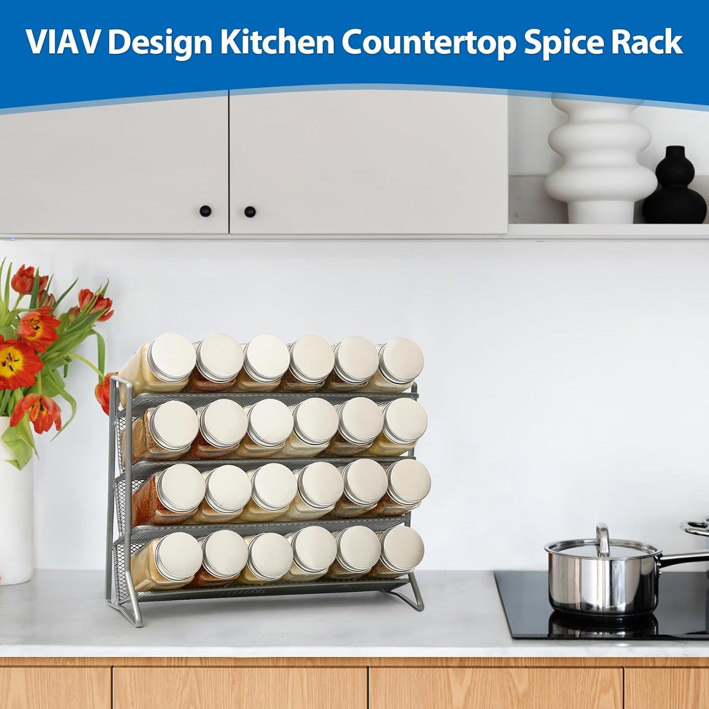 2PCS 4Tier Spice Rack for Counter Free Standing,Spice Rack for Inside Cupboard Hanging Wall Mounted Spice Seasoning Organiser Spice Jars Bottle Organizer for Kitchen Pantry（Silver）