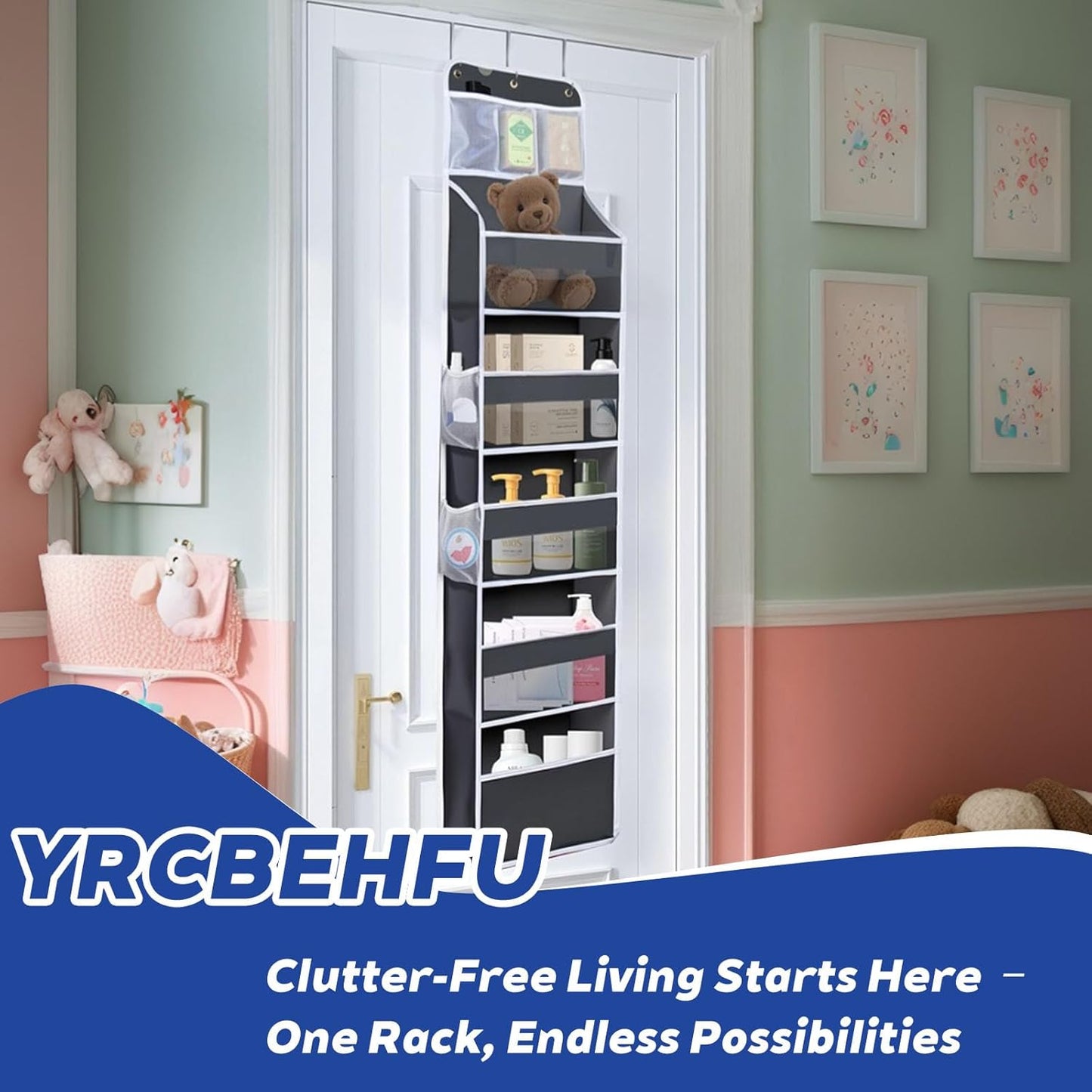 Over The Door Organizer - 6 Capacity Large Pockets & 7 Mesh Compartments, Anti-Tilt Design Holds 44 lbs, for Bathroom, Nursery, Dorm, Pantry & Laundry Storage (Deep Grey)