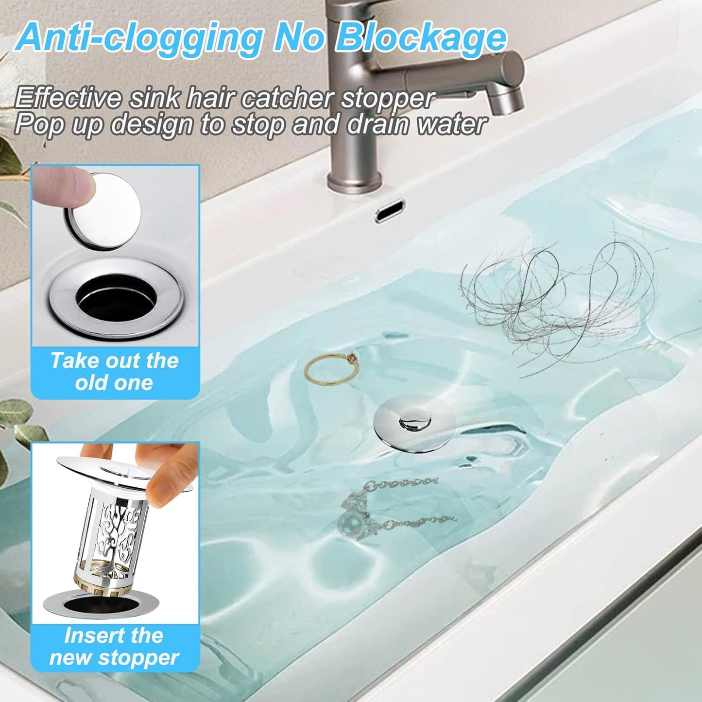 Bathroom Sink Drain Stopper, Bathroom Sink Drain Strainer with Pop Up and Removable Hair Catcher Basket, Universal for 1.06 to 1.6in Sink Drain, Chrome Silver