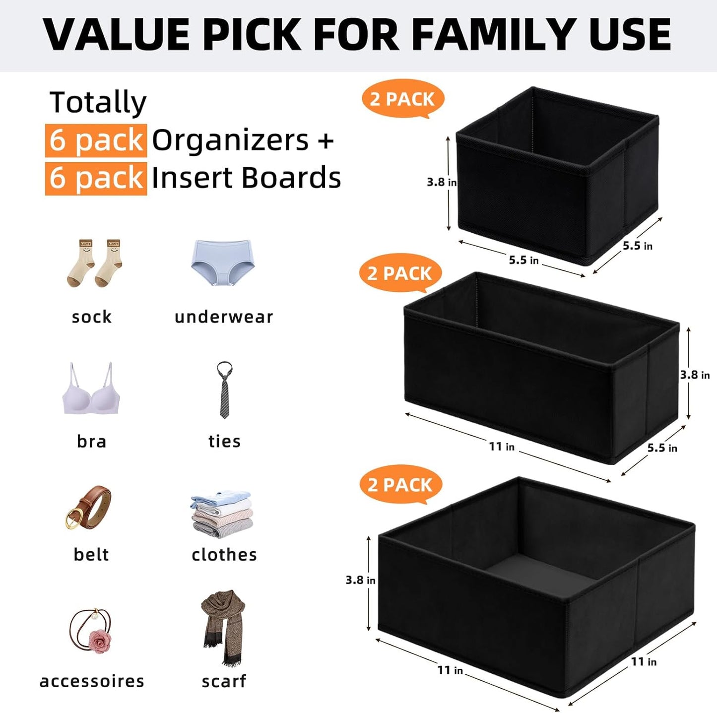 Criusia Drawer Organizer - 6 Pack Clothes Bins for Bedroom & Nursery - Dividers for Socks, Underwear & Baby Clothes - Black