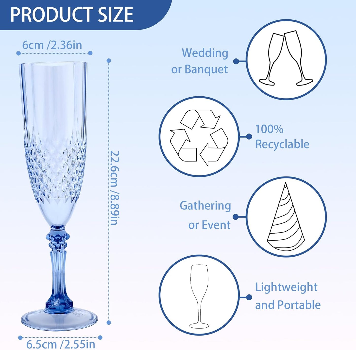 Plastic Champagne Flutes, 12PCS Blue Plastic Wine Glasses Goblets Reusable Champagne Flute for Weddings, Bachelor Parties, Toasting, and Events (12, Blue)