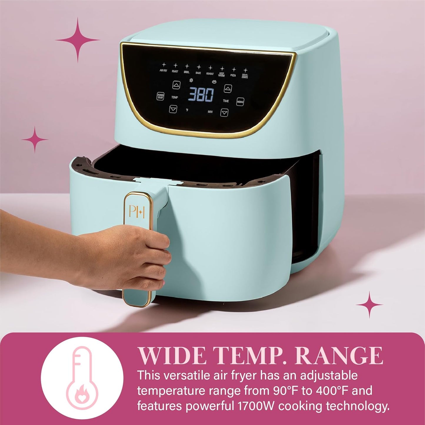 Paris Hilton Air Fryer, Large 6-Quart Capacity, Nonstick Made without PFAS, Touchscreen Display, 8-in-1 (Air Fry, Roast, Broil, Bake, Reheat, Keep Warm, Pizza, Dehydrate), Dishwasher Safe, Aqua