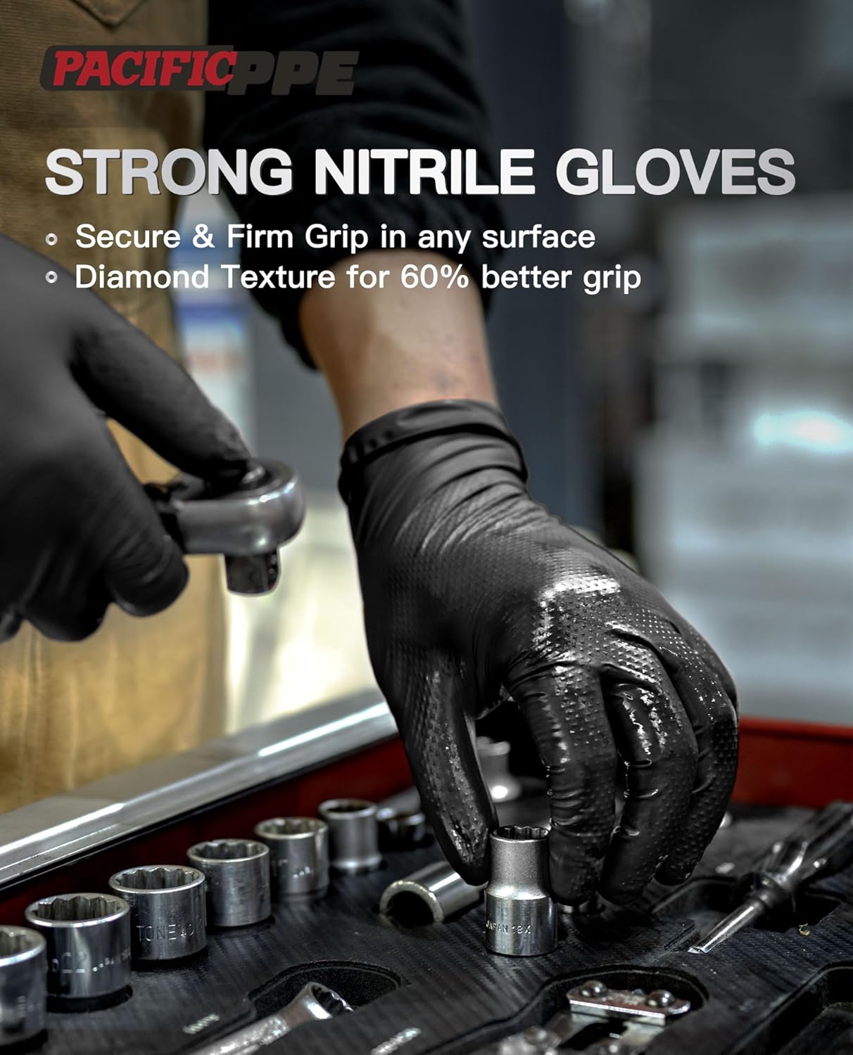 PACIFIC PPE 8 Mil Heavy Duty Black Nitrile Gloves, Food Safe, Latex Free, Mechanic, Fully-Diamond Textured Grip Industrial Disposable Gloves, X-Large