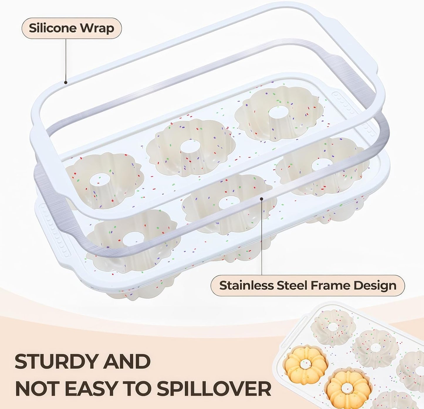 Mini Bundt Cake Pans for Baking, Silicone 6-Cavity Fluted Tube Cake Pan with Metal Reinforced Frame, Nonstick Baking Molds for Cupcake, Brownie, Donuts, Cornbread, Jello