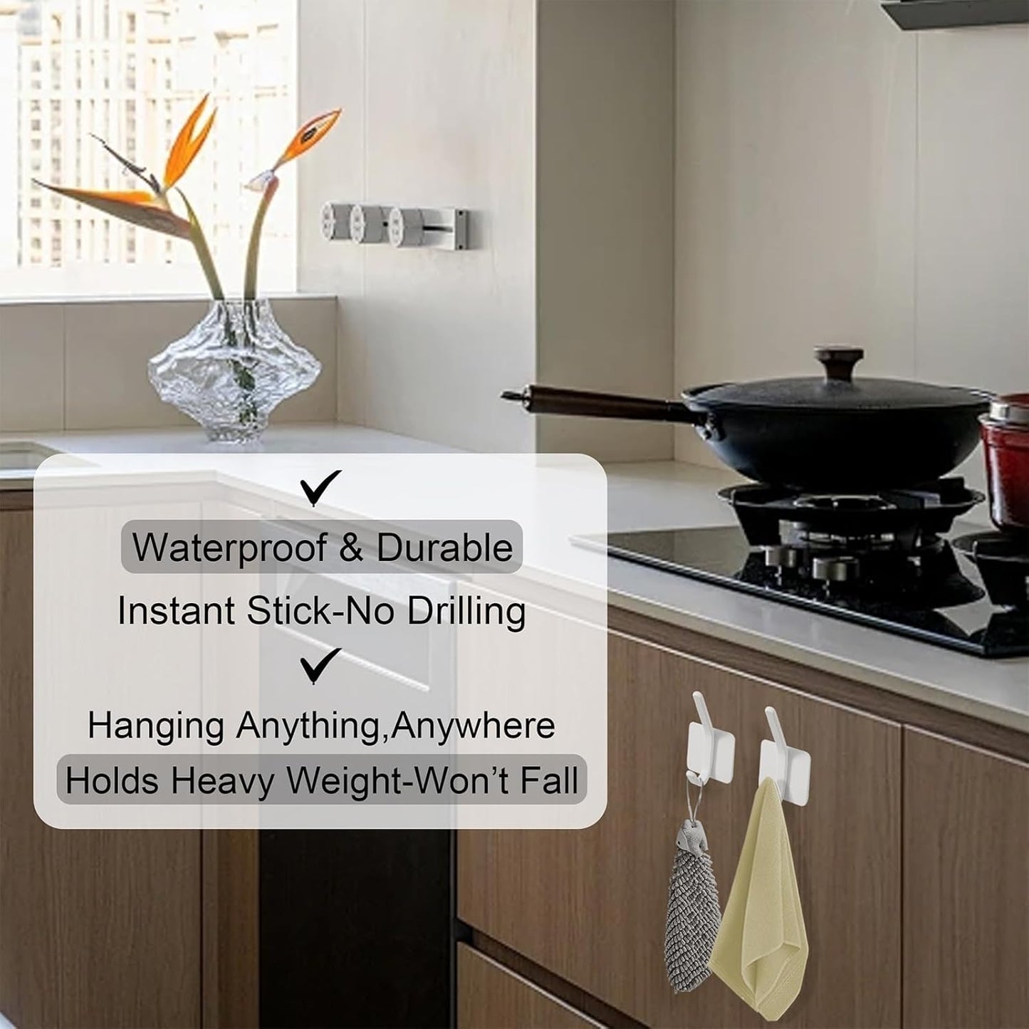 Aluminum Wall Hooks, No Drill Damage-Free Adhesive Hook, Product for Hanging Heavy Duty for Bathroom Kitchen Home (Double Square White Hook, 4)