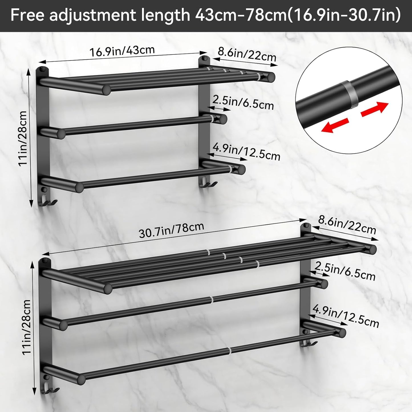 Adjustable Towel Bar for Bathroom Wall Mount17-30.7inch Adhesive Shower Towel Rack Stainless Steel Bath Towel Holders for Toilet Kitchen Double Towel Hanger (Black 3-Layer Towel Rack)