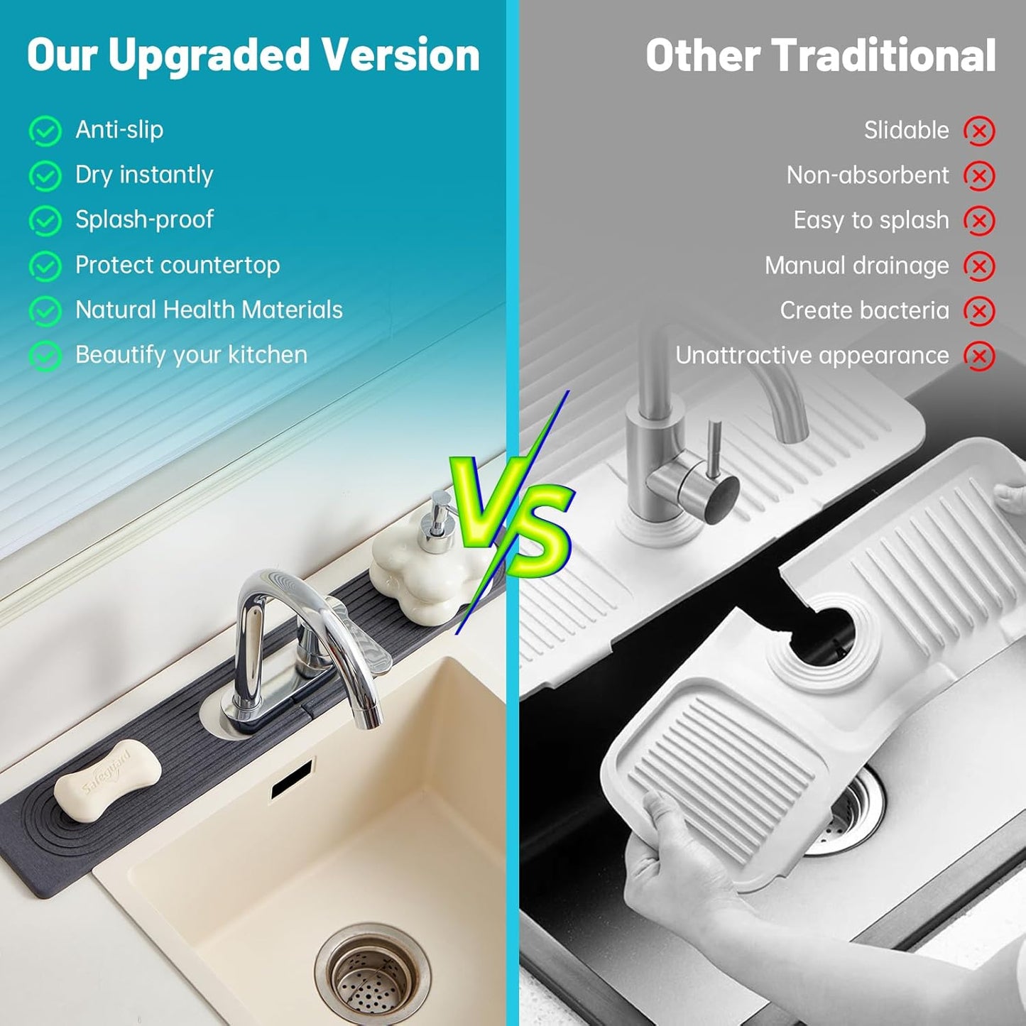 Stone Faucet Mat for Kitchen Sink with Oval Hole – 23.6" × 3.9" Diatomite Drying Stone Mat & Sink Protector, Quick-Dry Splash Guard Water-Absorbing Tray for Bathroom Counter（Dark Gray.23.6" x 3.9"）