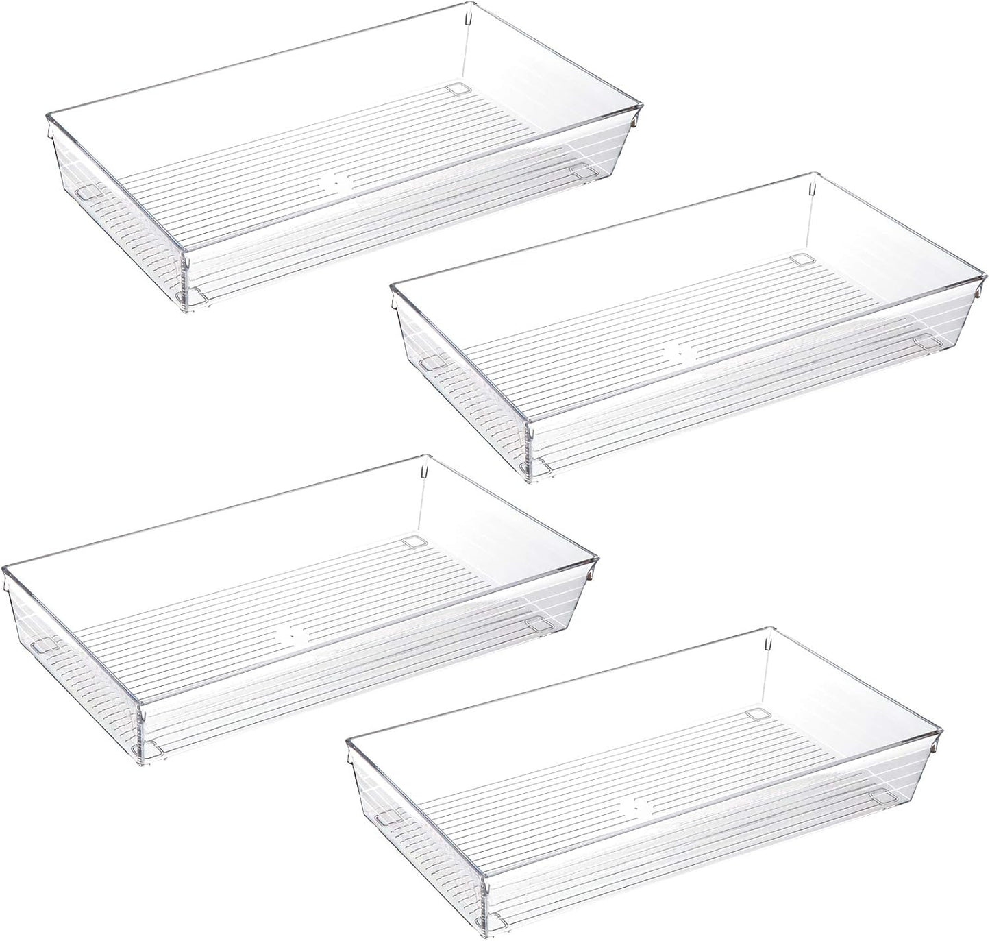 4 Pack 12"x 6" Large Size Clear Plastic Desk Drawer Organizer Tray Bathroom Office Kitchen Utensils Silverware Gadgets Dividers Desk Drawer Storage Bins Container for Dresser Cosmetic Makeup