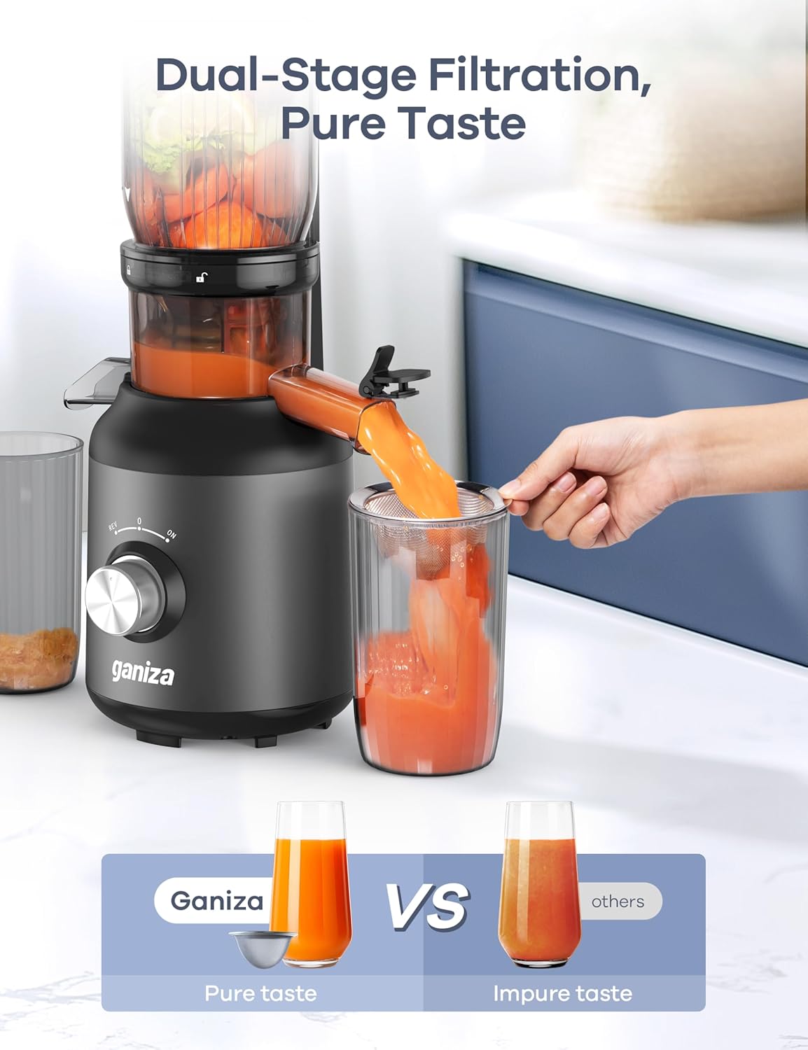 Ganiza Juicer Machines, Cold Press Juicer with 4.3" Large Feed Chute for Whole Fruits & Vegetables, Slow Masticating juicers with 3 Replace Filters for Batch Juicing, Easy to Clean, BPA Free (Black)