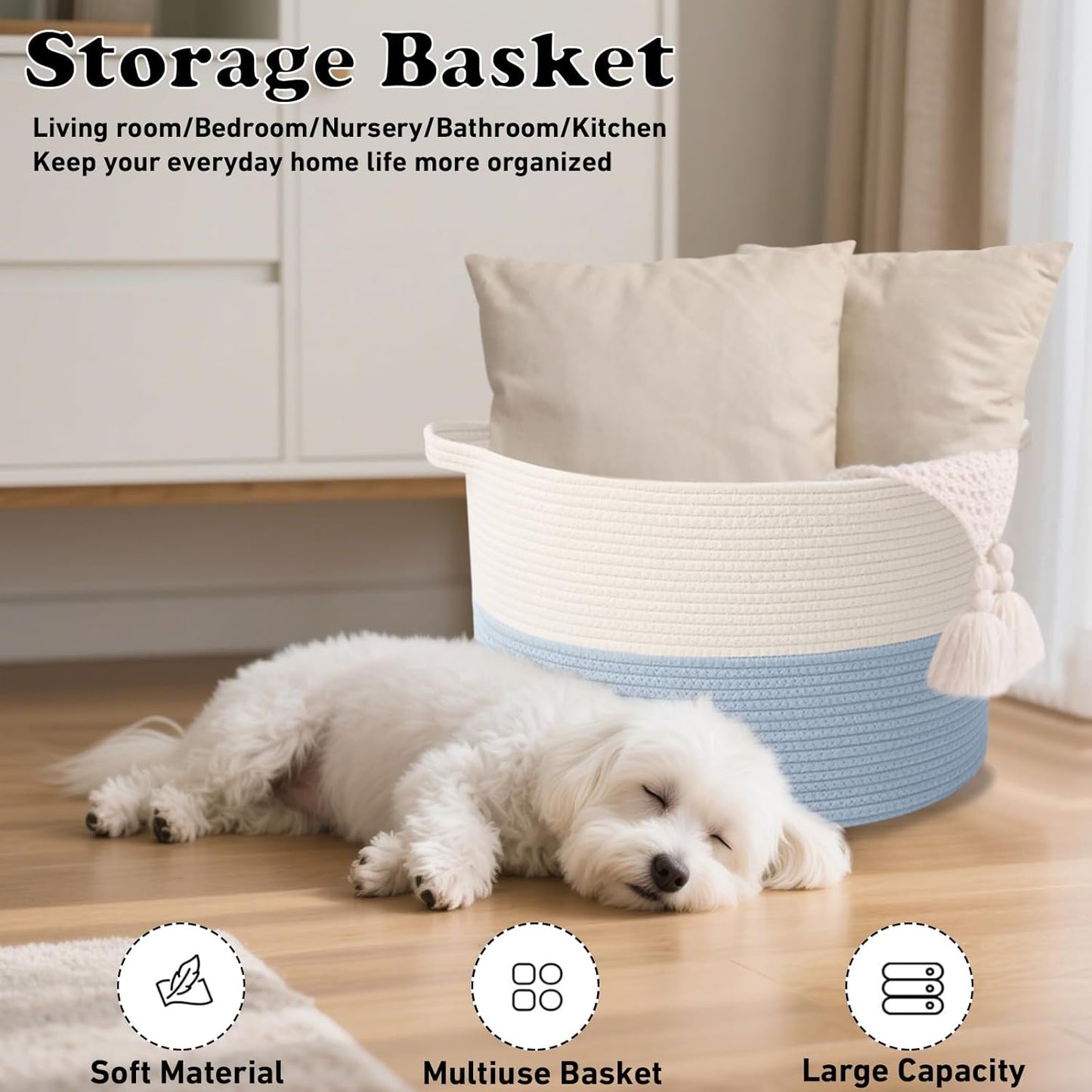 Large Blanket Basket for Organizing,115L Closet Organizers and Storage Bins Box for Shelves Woven Rope Storage Baskets,Living Room,Bedroom,Dorm,Laundry room (White&Blue)