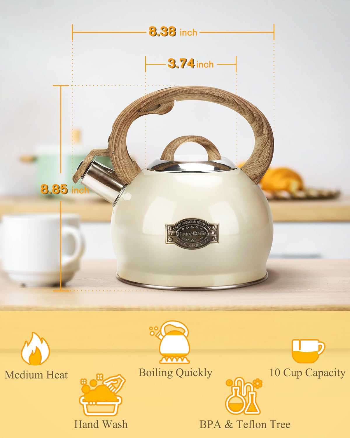 Teapot for Stovetop, 2.1 Quart Stove Top Whistling Tea Kettle, Teapot Kettles with Food Grade Stainless Steel and Wood Pattern Folding Handle, Suitable for All Heat Sources