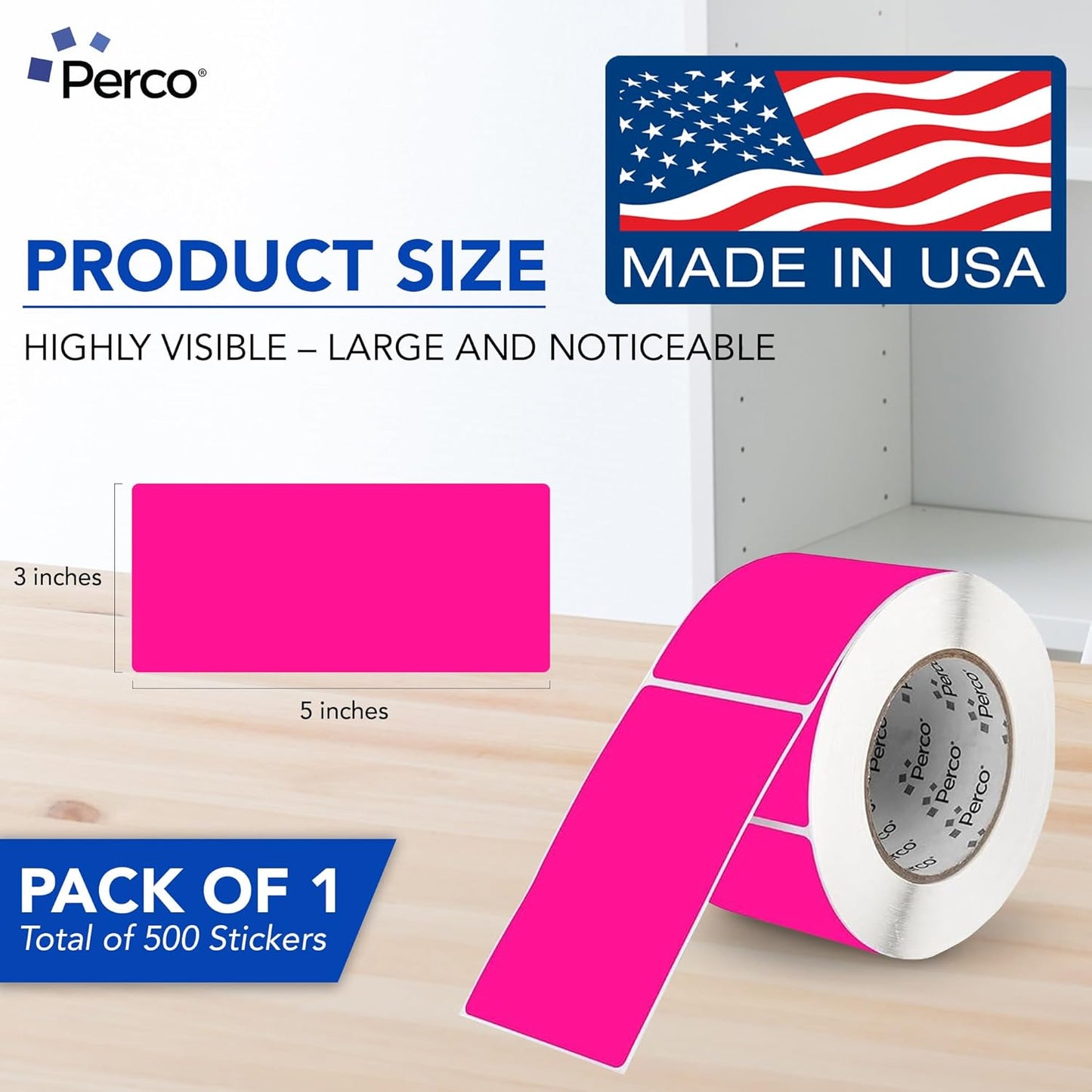 Perco Fluorescent Pink Labels 3x5 Inch 500 Stickers/Roll with Easy Peel Perforation and Strong Adhesion for Inventory Management, Color Coding, Moving Boxes, Retail, Organizing & Crafts – Made in USA