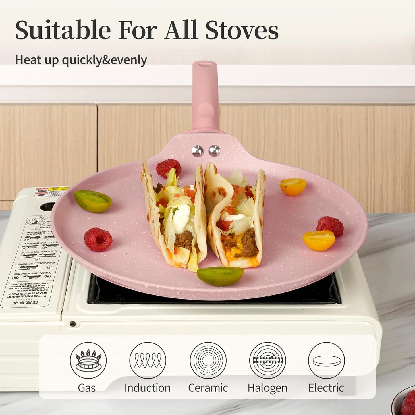 11 inch Nonstick Crepe Pan, Granite Coating Flat Skillet Dosa Tawa Tortilla Pan, Pink Large Pancake Griddle Comal Pan, Compatible with All Stovetops, PFOA Free