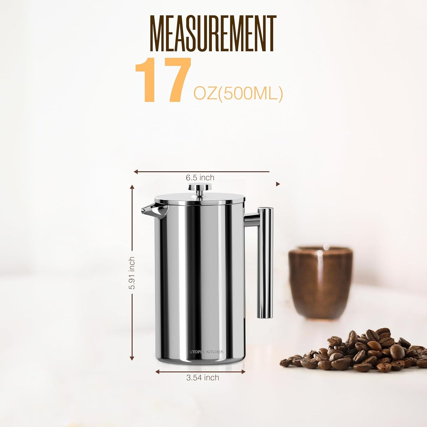 Utopia Kitchen French Press Coffee Maker, Double Wall Insulated Stainless Steel Coffee Press with 4-Level Filtration system, Includes 2 Extra Filters, Rust-Free, Dishwasher Safe (Silver, 17 Ounce)