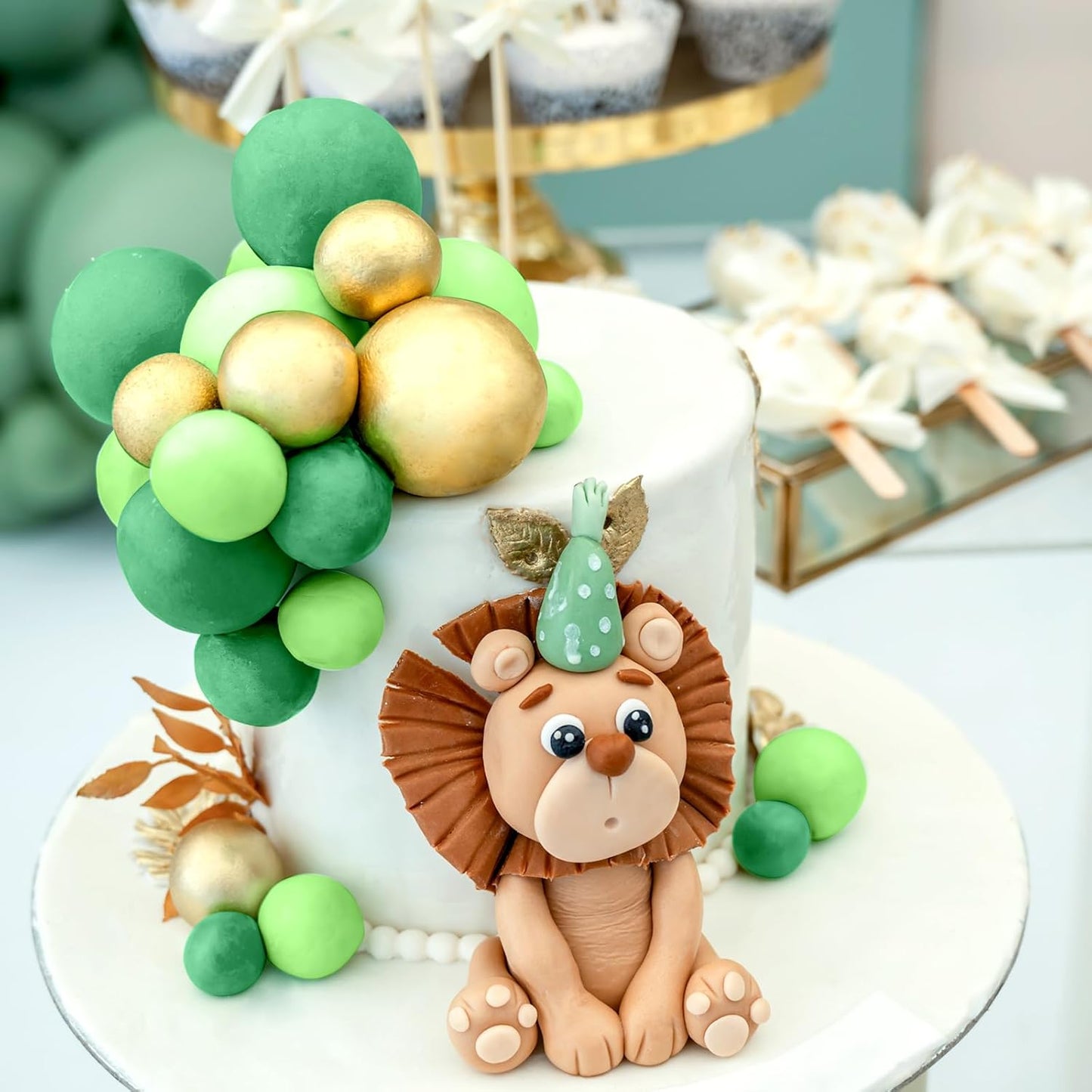 48 Pcs Balls Cake Topper Decorations Balloon Cupcake Toppers Foam Cake Topper Balls Cake Balls Decorations for Birthday Party Cake Decorating (Green, Gold)