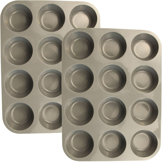 12 Cups Silicone Mini Muffin Pan Set, Nonstick Mini Cupcake Pans, BPA Free Small Muffin Tin for Baking, Set of 2 (Gray+Gray)