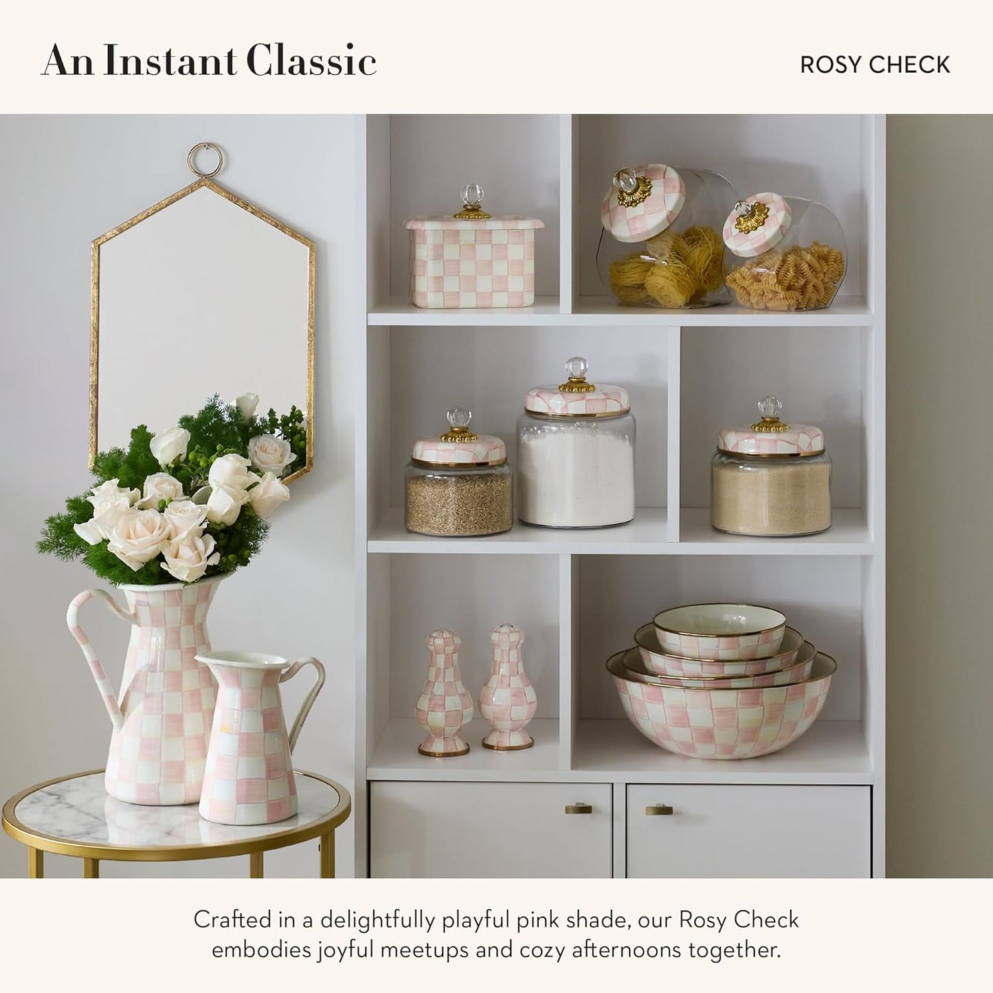 MACKENZIE-CHILDS Enamel Everyday Bowl, Serving Bowl for Entertaining, Small, Pink-and-White Rosy Check, Set of 1