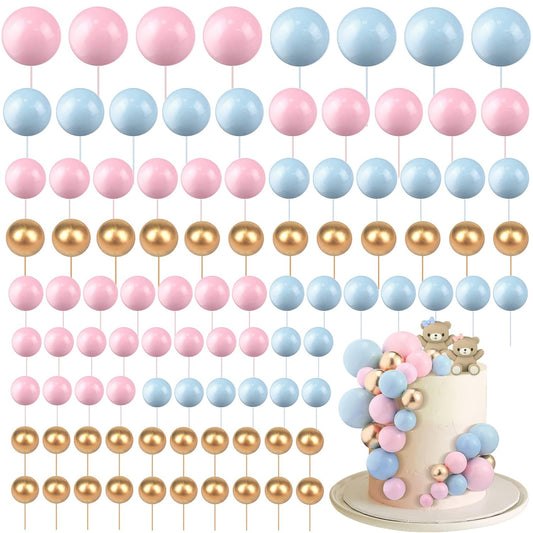 108 Pcs Balls Cake Topper DIY Cupcake Insert Foam Balloons for Cake Baking Wedding Anniversary Birthday Decoration(Pink, Blue, Gold,Multi Sizes)