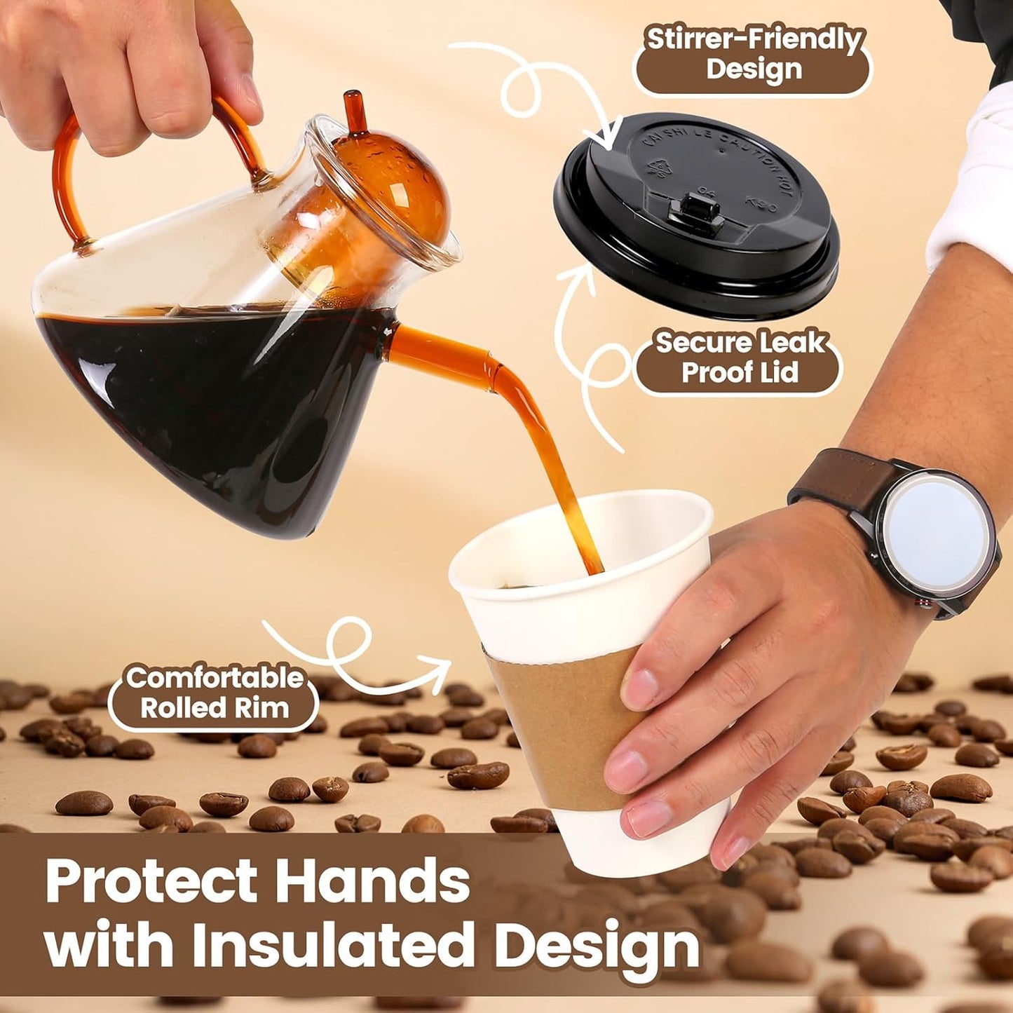 12 oz Paper Coffee Cups with Lids and Sleeves 100 Pack, Sturdy Leak-Proof Design for Hot Drinks, Disposable Coffee Cups for Office, Parties, and Travel