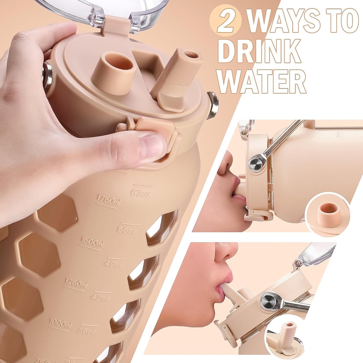 MUKOKO 64oz Glass Water Bottles with Straw and Lid,Half Gallon Water Bottle with Time Marker,Large Glass Water Jug with Silicone Sleeve and Stainless Steel Handle-Amber