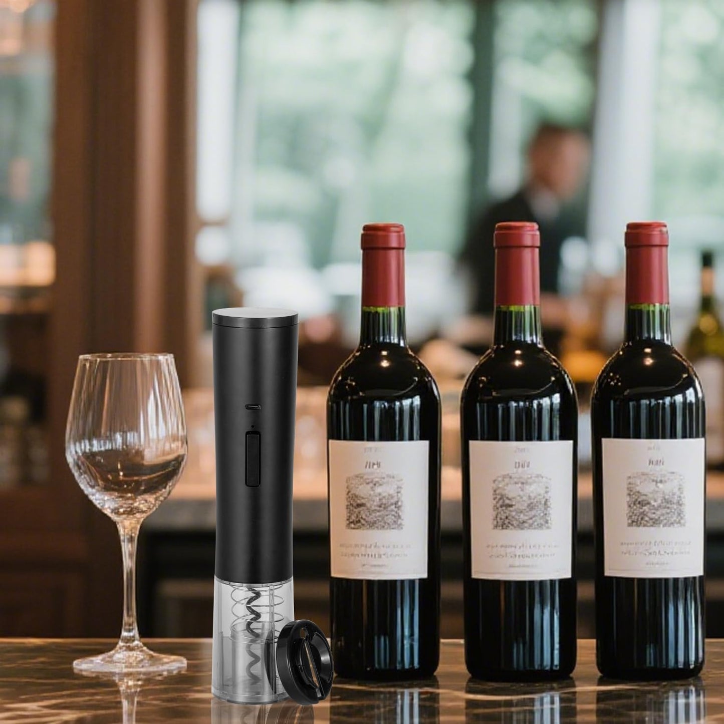 Electric Wine Opener, Automatic Wine Bottle Opener with Foil Cutter & Rechargeable, One-Click Button Electric Corkscrew Wine Opener for Home, Kitchen, Party, Wedding, Ideal Present for Lover-Black