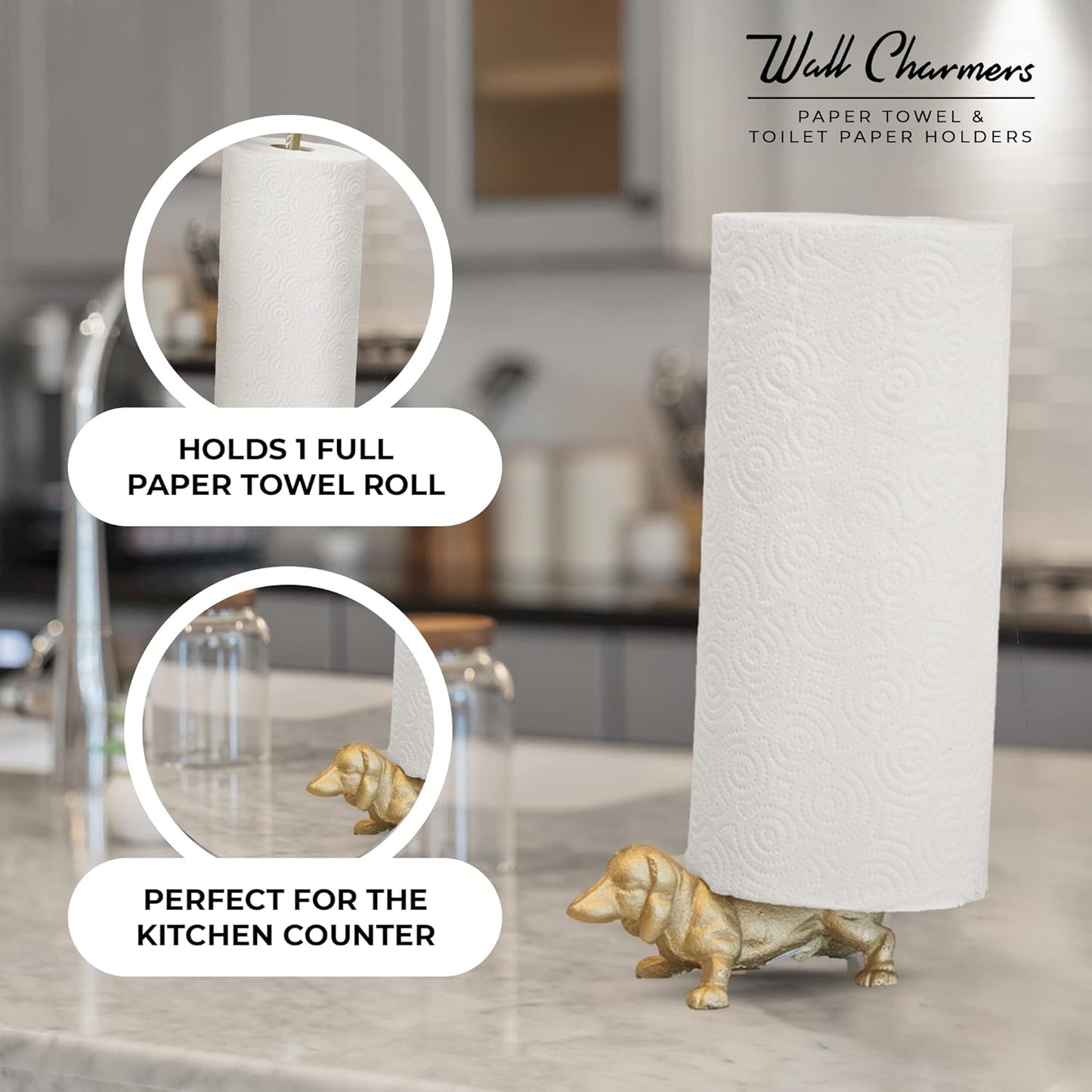 WallCharmers Gold Paper Towel Holder, Metal Toilet or Kitchen Paper Holder for Floor or Countertop, Gold Dog