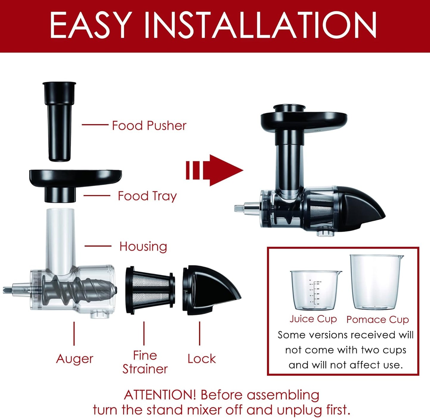 Masticating Juicer Attachment for KitchenAid All Models Stand Mixers, Masticating Juicer, Slow Juicer Attachment for KitchenAid All Models Stand Mixers, Black(Machine/Mixer Not Included)