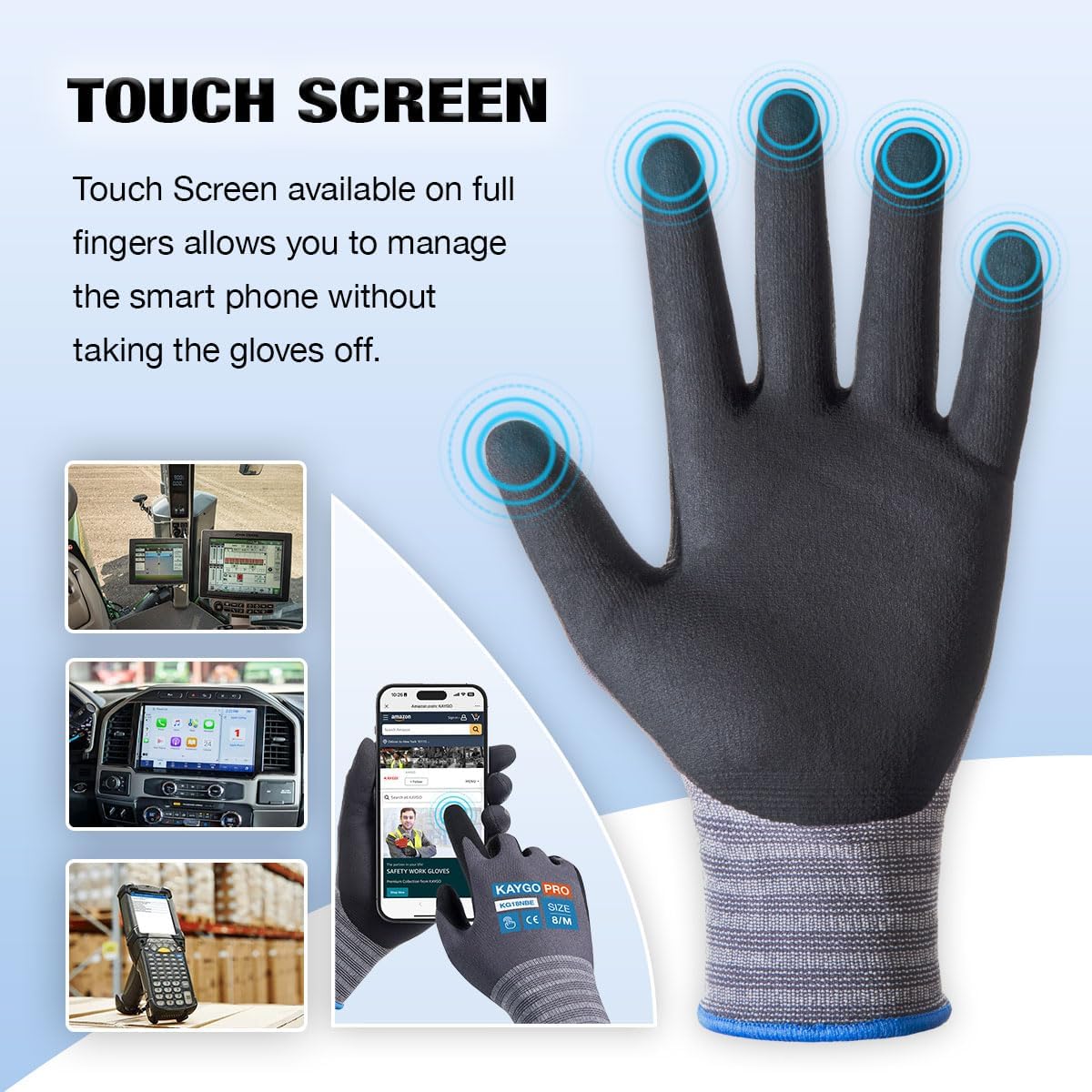KAYGO Safety Work Gloves MicroFoam Nitrile Coated, 3 Pairs KG18NB,Seamless Knit Nylon Glove with full fingers Touchscreen, Ideal for Automotive,Warehouse,Construction (Gray, Large)