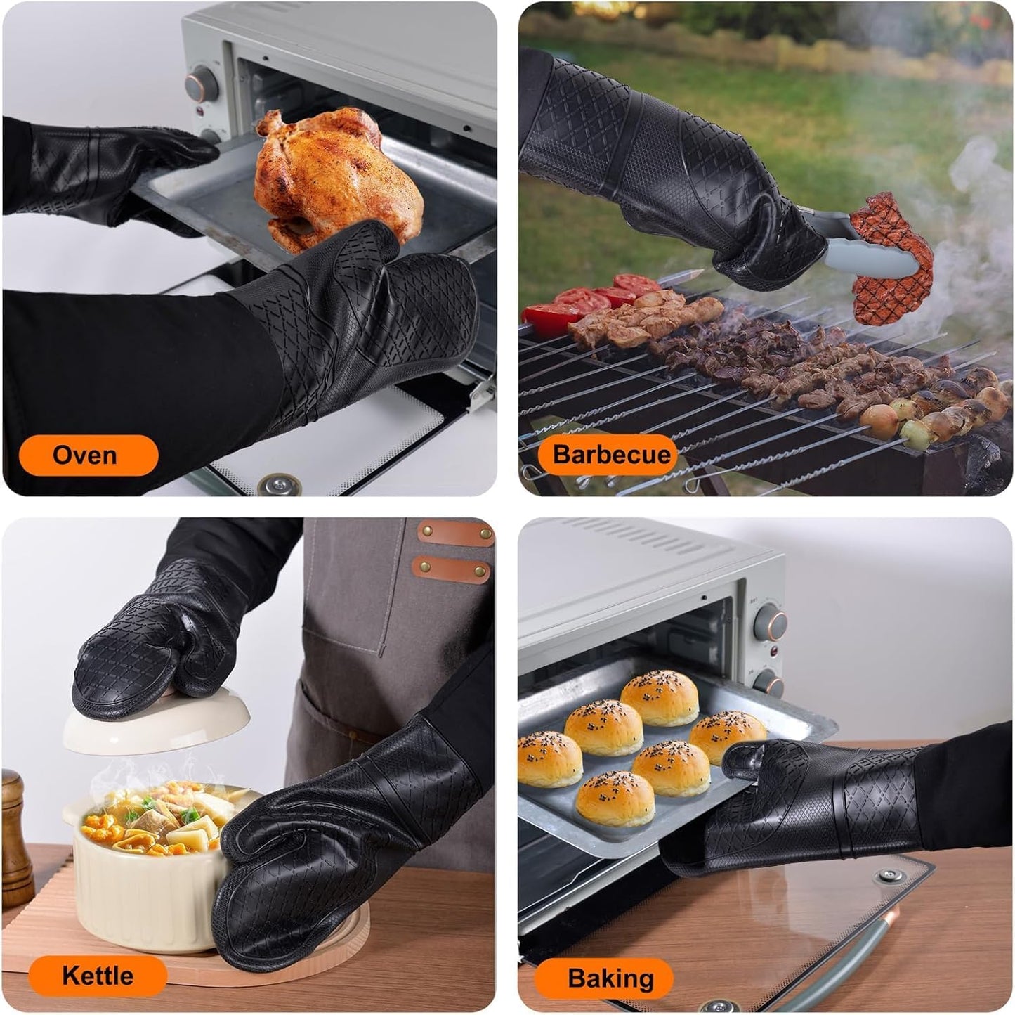 Extra Long 19.5",Silicone Oven Mitts Heavy Duty Commercial Grade Oven Mitts Heat Resistant BBQ Gloves with Quilted Cotton Lining 2 Pack (Gray)