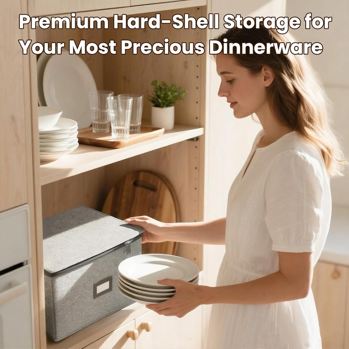 HOMELUX THEORY Flatware Storage Hard Shell China Storage Containers - Light Gray Silverware Organizer, Cutlery & Silverware Storage Box with 5 Dividers & Lid, Heavy Duty Moving Box with Handles