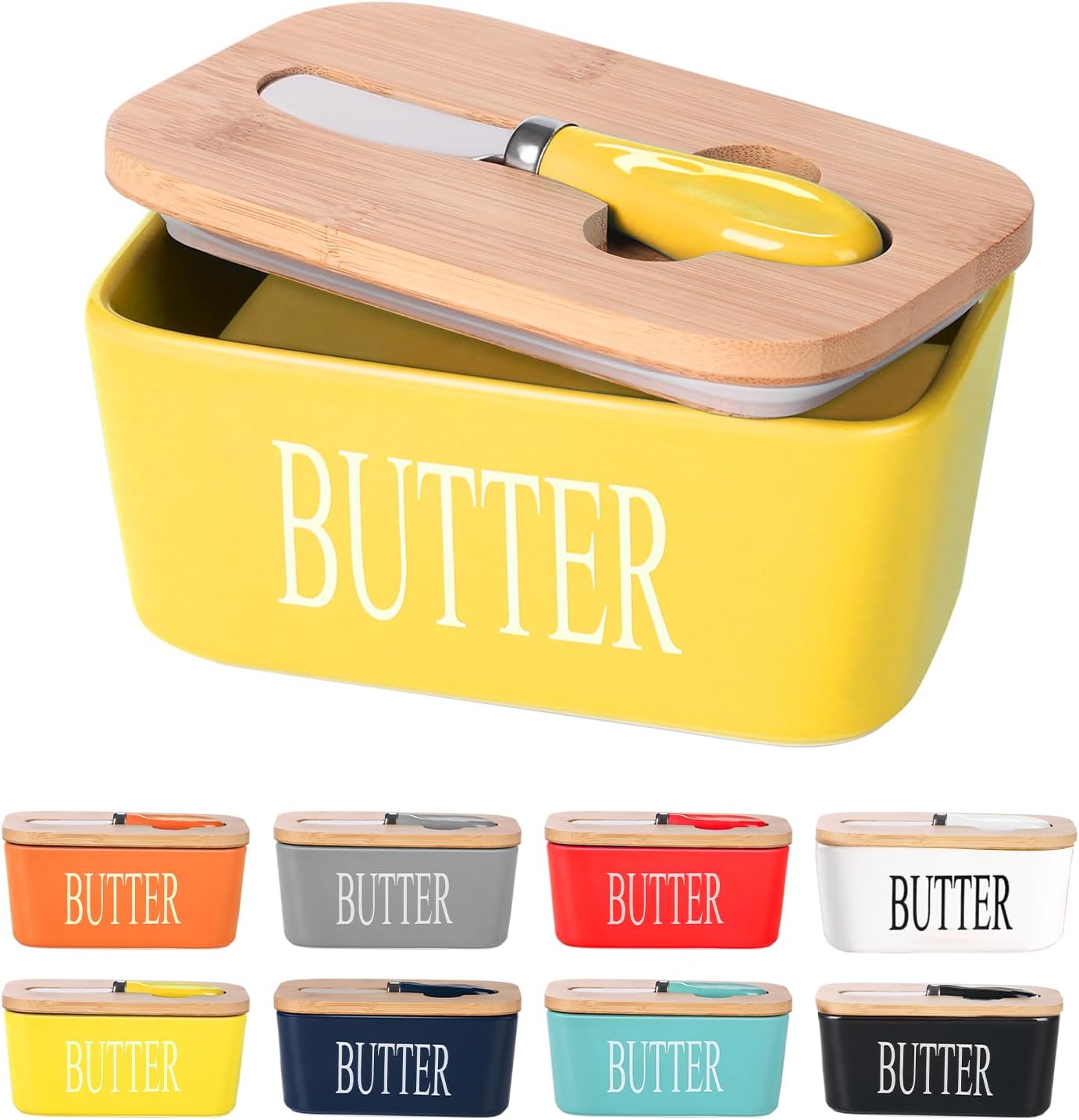 Ceramic Butter Dish with Wooden Lid, Large Butters Container Keeper Storage with Stainless Steel Knife Spreader, Bamboo Cover and Silicone Sealing Ring for West East Coast, Yellow