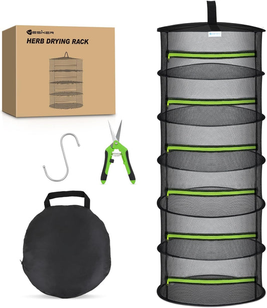 Yesker 6 Layer Herb Drying Rack Hanging Mesh Net Foldable Plant Drying Racks 24" w Green Zipper Pruning Shears Hook Dryer Hanging Rack for Herbs Seed Bud Fruit Clothes Grow Tent Closets Garden Outdoor