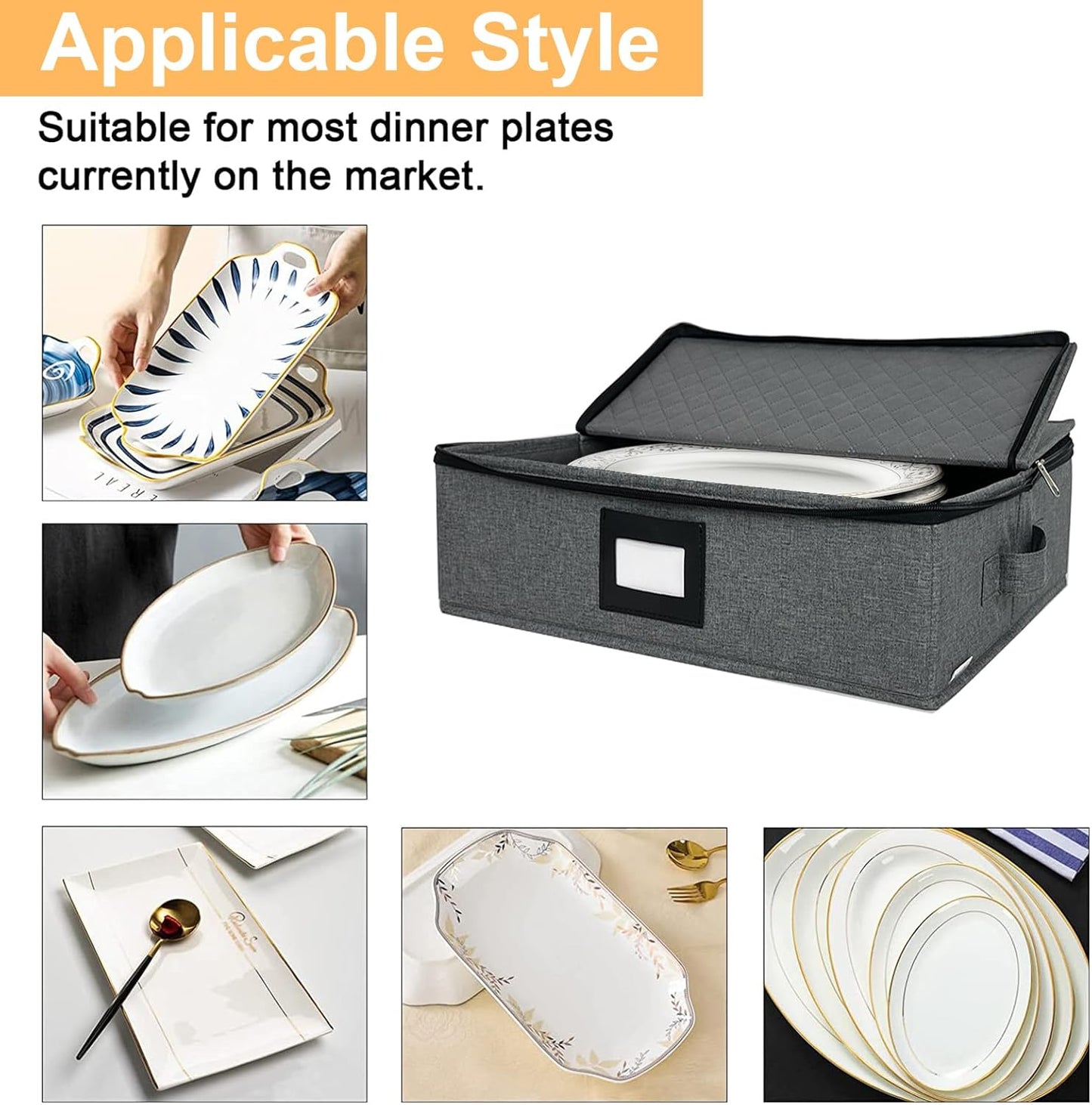 Platter Storage Case - Stackable China Storage Containers Hard Shell with Durable Zipper & Label & Sturdy Handles, 5.3” Height, Structured Top, 4 Felt Dividers Included (Dark Gray)