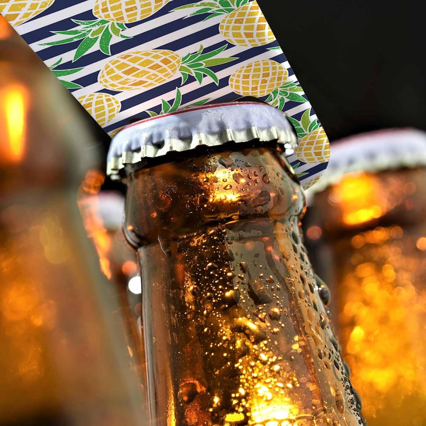 Pineapple Stainless Steel Bottle Opener Summer Beach Pineapple Stripes Blue Yellow Green Flat Beer Bottle Opener Keychain for Home Kitchen Bar Restaurant Party Birthday Gift