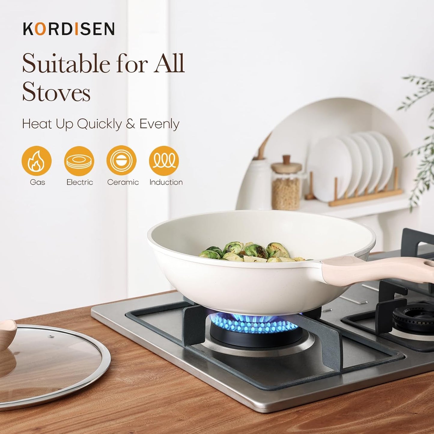 Nonstick Wok with Lid, 12 Inch Woks & Stir-fry Pans, Healthy Coating Induction Cookware, Compatible with All Stovetops, PFOA Free (Cream White)